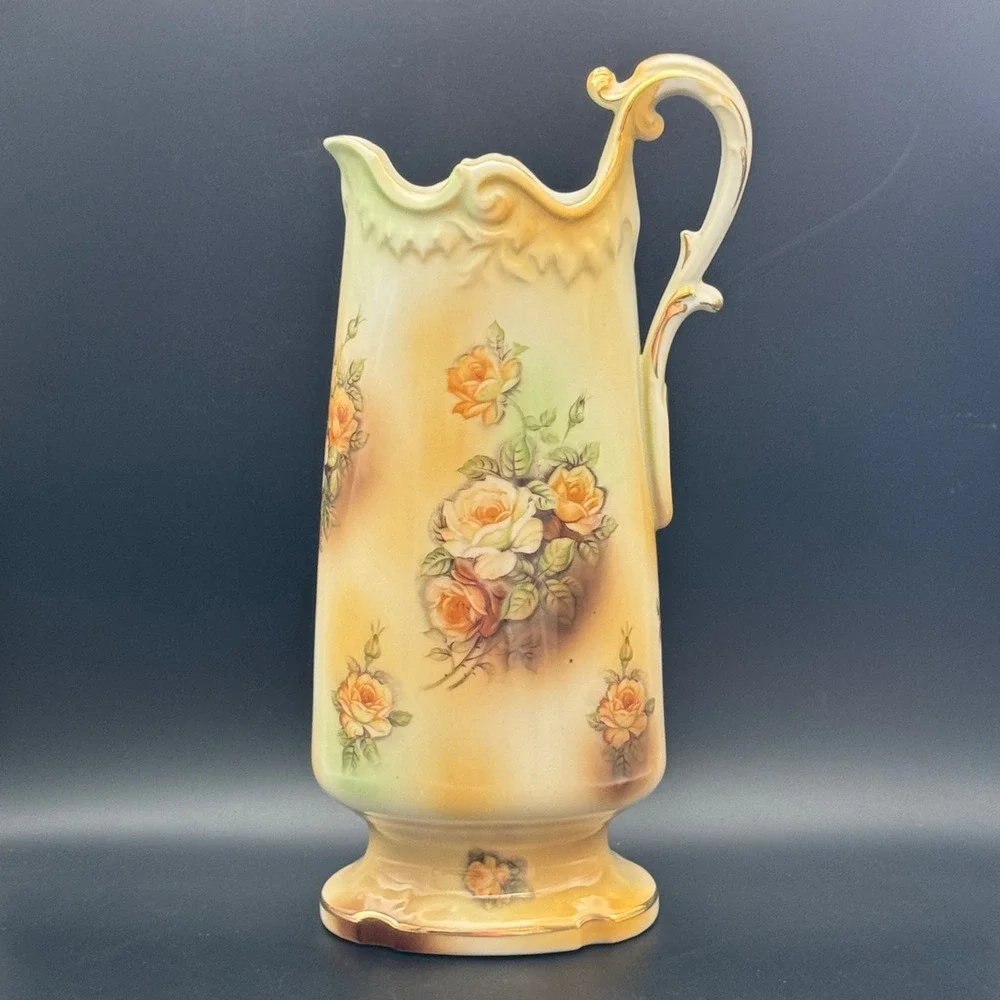 RS Wreath Stamp Porcelain Floral Chocolate‎ Set Pitcher & 5 Cups Gold Trim Roses